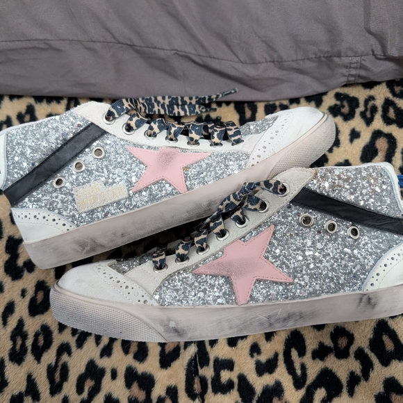 Golden Goose Mid Star Sneakers | Silver Glitter Pink Star Leopard Laces 39 - Picture 1 of 13